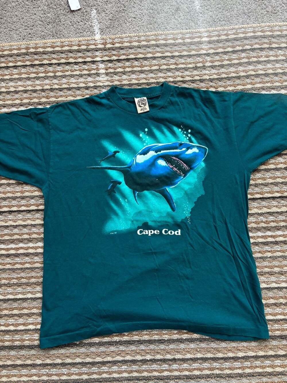 Vintage 1997 Cape Cod Great White Shark Graphic T-Shirt Teal